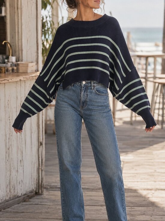 Free People Tops - Free People Navy Mint Striped Oversized Dolman Sweater Size L